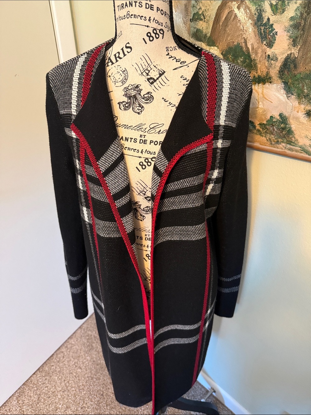 Charter Club Black & Red Open-Front Plaid Knit Cardigan Coat -L